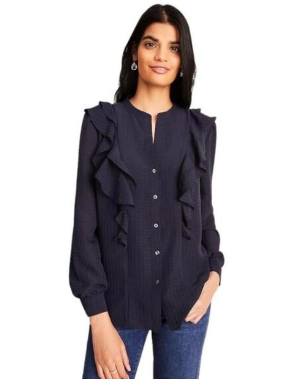 Ann Taylor Navy Blue Ruffle Button V-Neck Long Sleeve Blouse Women's S